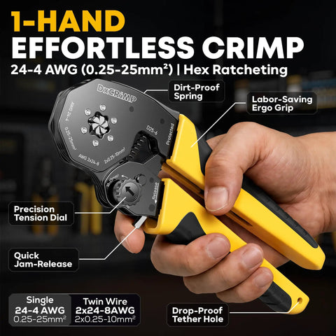 Hand holding ferrule crimping tool kit with self adjusting hex ratchet crimper for AWG 24 to 4 (0.25 to 25 mm2)