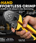 Hex Ferrule Crimping Tool Kit With Self-Adjusting Ratcheting Wire Crimper in hand showing features like dirt-proof spring