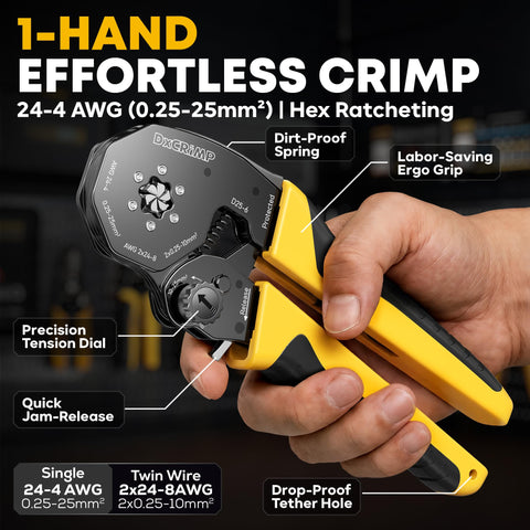 Hex Ferrule Crimping Tool Kit With Self-Adjusting Ratcheting Wire Crimper in hand showing features like dirt-proof spring