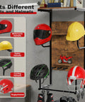 Ride Ready Wall Mount Helmet Holder with various helmets; motorcycle, safety, cycling, rugby; wooden backing and glove clips.
