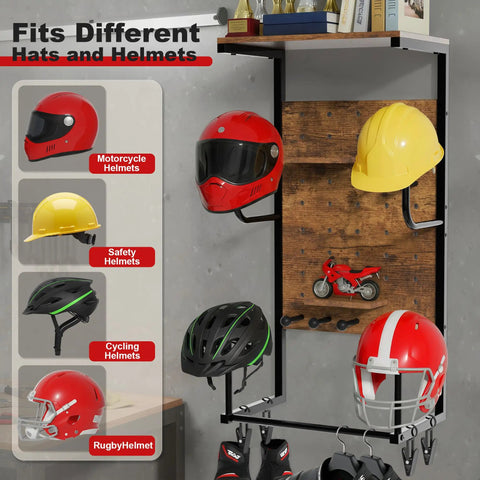 Ride Ready Wall Mount Helmet Holder with various helmets; motorcycle, safety, cycling, rugby; wooden backing and glove clips.