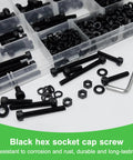 523 Pcs M4 Socket Head Cap Screws Kit With 8 10 12 14 16 18 20 30 40mm Lengths Plus Nuts Washers And Fully Threaded 12.9 Grade Alloy Steel Heavy Duty Furniture Hardware For DIY Projects, black screws and accessories in organizer