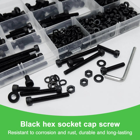 523 Pcs M4 Socket Head Cap Screws Kit With 8 10 12 14 16 18 20 30 40mm Lengths Plus Nuts Washers And Fully Threaded 12.9 Grade Alloy Steel Heavy Duty Furniture Hardware For DIY Projects, black screws and accessories in organizer