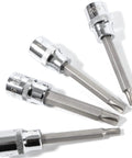 Hefty Clutch Head Bit Socket Set Designed For Crusty Old Chevy And Gm Rides Tough Steel Socket Wrenches For Figure 8 Screws Must Have Mechanic Gear Pack Of 4 showing four chrome clutch head bit sockets.