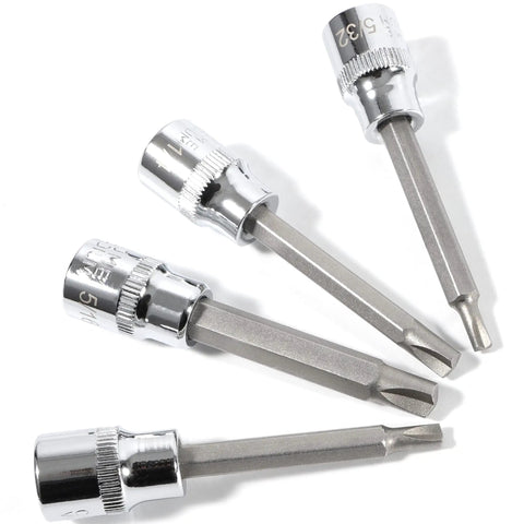 Hefty Clutch Head Bit Socket Set Designed For Crusty Old Chevy And Gm Rides Tough Steel Socket Wrenches For Figure 8 Screws Must Have Mechanic Gear Pack Of 4 showing four chrome clutch head bit sockets.