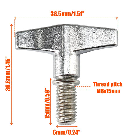 Pack of Two Drum Set Hardware Guards M6x15mm Cymbal Stand Wing Nut Screws Heavy Duty Zinc Alloy Replacement Kit, detailed view of screw dimensions.