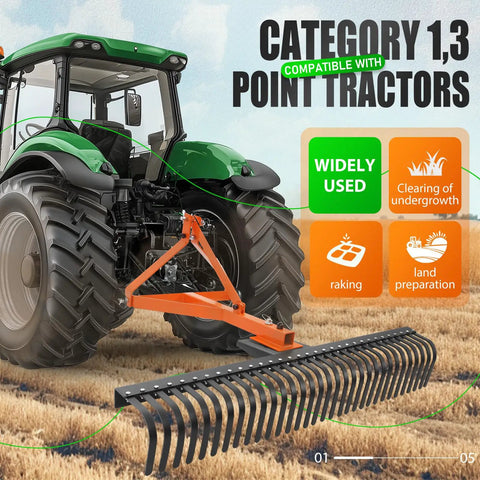 Tractor with 60 Inch Landscape Rake For Category 1 Tractors, 3 Point Tow-Behind Garden Tool, showing compatibility features.