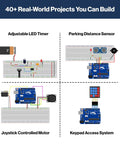 Electronics Starter Kit With Step By Step Video Lessons For Beginners Arduino Compatible Board Sensors LEDs And Servos Learn Electronics And Coding Through Hands On Projects And Real World Tutorials showcasing real-world project layouts.