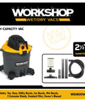 Heavy Duty 16 Gallon Shop Vacuum With 6.5 Peak HP For Wet Dry Cleanup with attachments and 2.5 inch diameter hose.