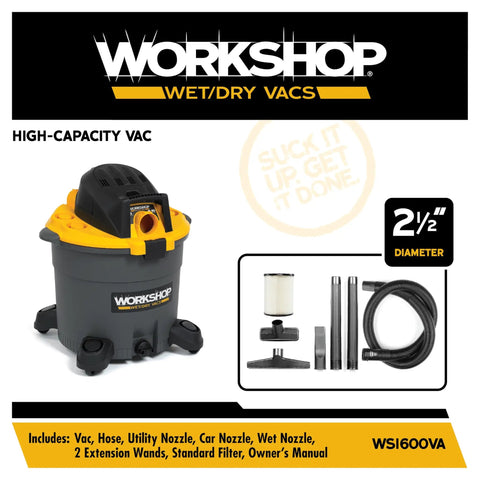 Heavy Duty 16 Gallon Shop Vacuum With 6.5 Peak HP For Wet Dry Cleanup with attachments and 2.5 inch diameter hose.