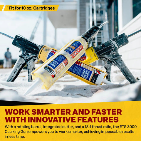 ETS3000 18 To 1 Caulk Gun Heavy Duty for 10oz Cartridges, shown with adhesive tubes and ergonomic unibody design