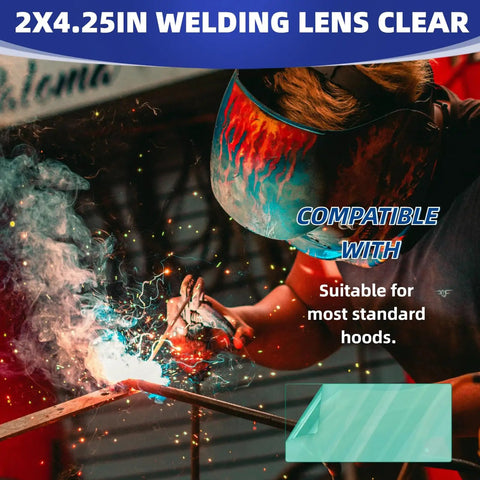 20 Piece Universal Welding Helmet Hood Replacement Clear Lens Covers 2x4.25 Inch Pro Grade Optical Polycarbonate Lenses For Eye Safety And Debris Protection Shields shown with welder using a helmet
