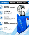 Heavy Hitter 15 Ton Electric Hydraulic Cable Lug Crimping Tool features, showing durable design and power details.