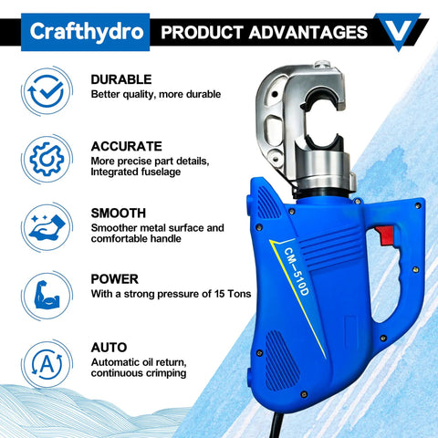 Heavy Hitter 15 Ton Electric Hydraulic Cable Lug Crimping Tool features, showing durable design and power details.