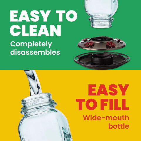 Vintage Aqua Mason Jar Hummingbird Feeder With Five Feeding Stations showing easy fill wide mouth bottle and disassembled parts.