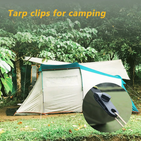 Heavy Duty Tarp Clips With Lock Grip 16 Pack Tarp Clamps securing tent canopy in forest setting.