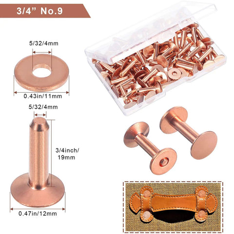 200 Pcs Copper Rivets And Burrs Washers Leather Fastener Kit with close-up of rivet dimensions and storage box