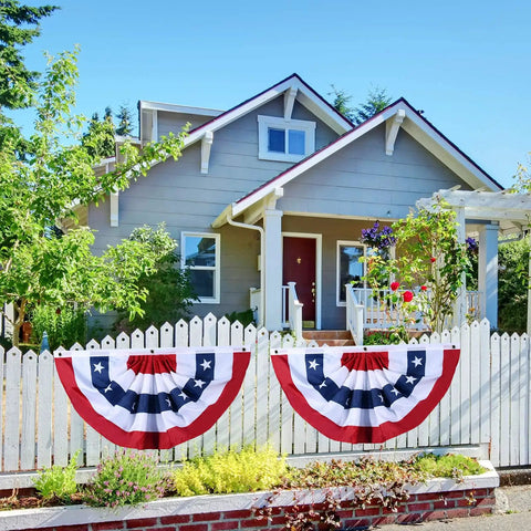 Patriotic Pleated Fan Banner With Canvas Header And Brass Grommets For Indoor Outdoor Decor on white picket fence, house backdrop