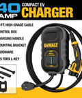 Compact Level 2 EV Charger With 40 Amp 240V Output, wall mount kit, 20 ft cable, control box, charging handle shown.