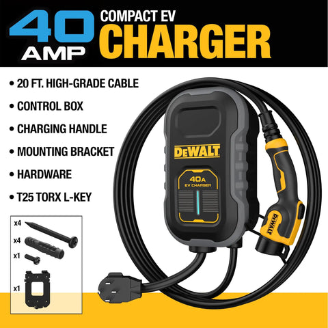 Compact Level 2 EV Charger With 40 Amp 240V Output, wall mount kit, 20 ft cable, control box, charging handle shown.
