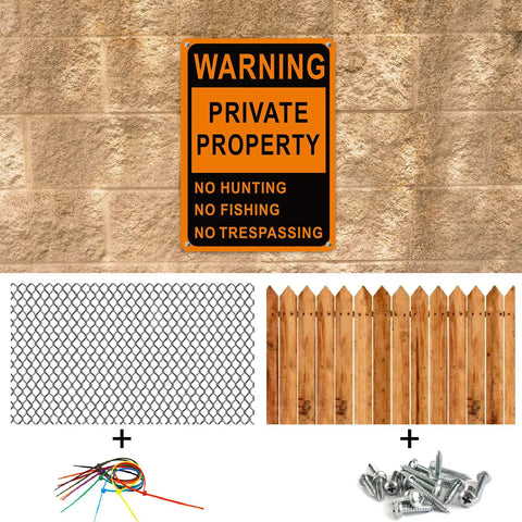 Real Deal Heavy Duty Reflective Aluminum No Trespassing Signs 8 Pack Large 10x7 Orange Private Property warning sign on stone wall.