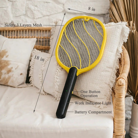 Next Level Handheld Bug Zapper Racket With Batteries Included, Safe Three Layer Mesh on a couch, black handle, home setting