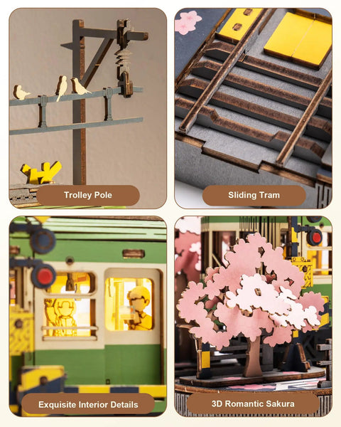 Sakura Journey Tram 3D Wooden Puzzle Kit For Adults 223 Pieces Hands On Model Car Building Set Chill DIY Craft Gift For Vintage Tram Lovers And Cherry Blossom Fans, cherry blossom tram detail