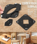 Pro Corner Radius Jig And Router Template Set For Woodworking, showing various aluminum templates on a wooden surface