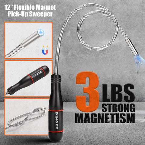 12 inch flexible magnetic pickup tool with LED light feature and strong 3 lbs magnetism for Collapsible Magnetic Parts Organizer Trays