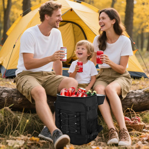 Family enjoying drinks with Beast 40 Can Insulated Cooler Backpack near yellow tent, showing dual compartments outdoors