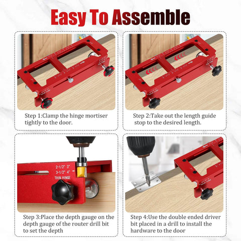 Door Hinge Jig Pro Grade Aluminum Alloy Mortiser Kit showing assembly steps and installation on a door, adjustable for hinges.
