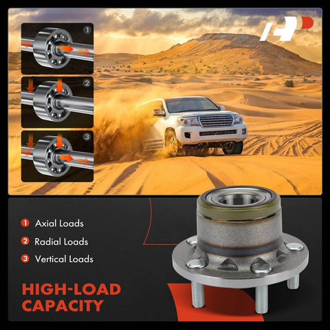 Rear Wheel Bearing And Hub Assembly 5 Lug Direct Fit For Ford Transit Connect 2010 2011 2012 2013 Rear Driver Or Passenger Side 4 Point 3 Inch Bolt Circle No ABS illustration with desert background and load details.