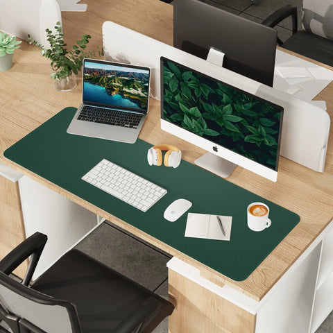 Beefy Dual Sided Cork And PU Leather Desk Pad 47 Inch By 17 Inch Waterproof Non Slip Office And Gaming Desk Mat Dark Green on desk