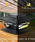 Solar Post Cap Lights With Flexfit Bases for 4x4, 5x5 and 6x6 wooden posts day-night cycle feature.