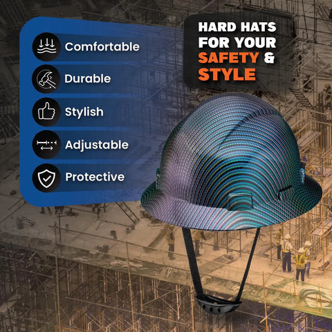 Full Brim Non Vented Hard Hat With Color Weave Carbon Fiber Design Gloss Finish OSHA Approved Helmet With 6 Point Suspension