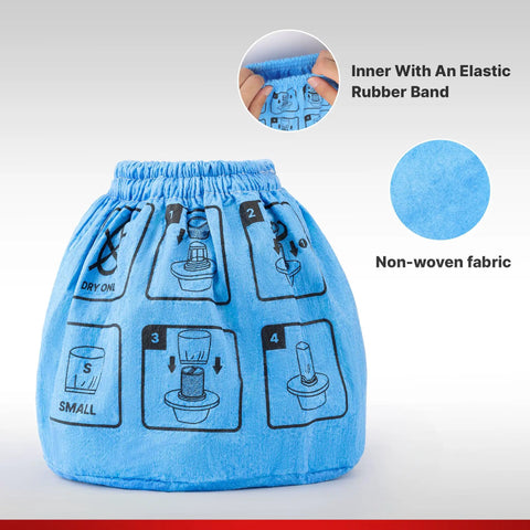 Nonwoven Cloth Filter Bags 2 Pack Reusable Replacement Filters For Small Dry Vacuums Fits 7 By 6 And A Quarter By 3 And A Half Inches With 3 And A Half Inch Opening Durable Dust And Debris Filtration For Home Garage Workshop with instruction graphic and elastic band