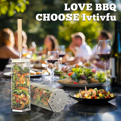 Rolling Grill Basket With Removable Beech Wood Handle 304 Stainless Steel Construction Nesting Grill Gear with vegetables inside