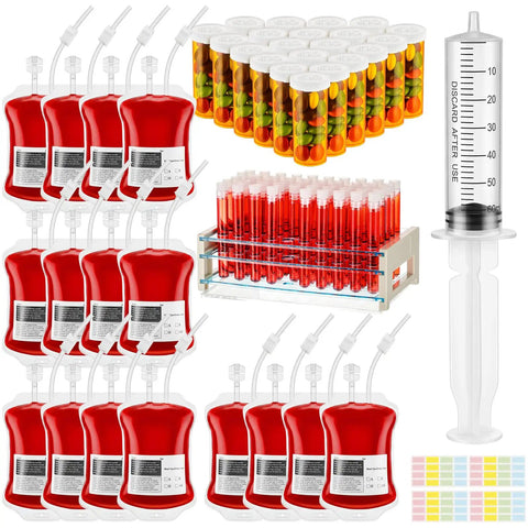Epic Nursing Graduation Party Supplies Kit 102 Pcs Includes Blood Bag Drink Pouches Empty Pill Bottles 50 Test Tubes With Caps 1 Plastic Syringe 1 Test Tube Rack 10 Sticky Labels Rn BSN Themed Celebration Set showing items including red pouches, test tubes, and syringe