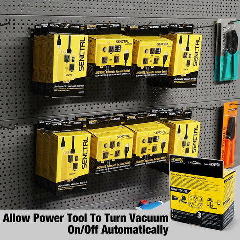 SENCTRL automatic vacuum switch boxes on pegboard display; bright yellow packaging with SENCTRL branding.