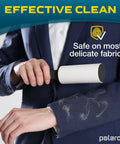 Person using Pet Hair Lint Roller Set For Couch Clothes Furniture And Carpet With Sticky Peel Sheets Easy To Use And Removable Quickly Remove Dog Hair Cat Hair Animal Fur And Fuzz From Upholstery And Garments Includes 5 Large Rollers For Delicate Surfaces on suit jacket sleeve.