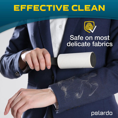 Person using Pet Hair Lint Roller Set For Couch Clothes Furniture And Carpet With Sticky Peel Sheets Easy To Use And Removable Quickly Remove Dog Hair Cat Hair Animal Fur And Fuzz From Upholstery And Garments Includes 5 Large Rollers For Delicate Surfaces on suit jacket sleeve.