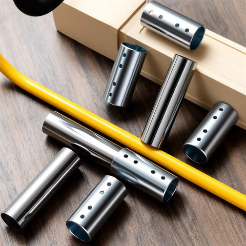 Built Tough As Nails Eight Piece 6 Inch Adjustable Table Leg Extensions Galvanized Steel pipes on wooden surface.