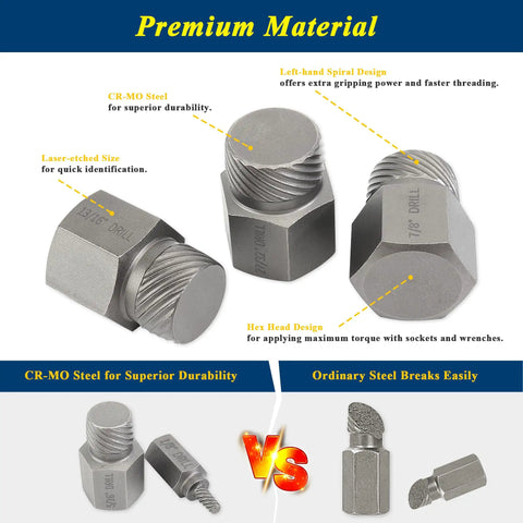 Pro Grade 25 Piece Heavy Duty Screw Extractor Set For Damaged Bolts Screws And Studs In Chromium Molybdenum Steel with hex head.