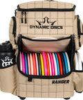 Front view of Ranger Disc Golf Backpack For Over Twenty Discs With Quick Access Pocket Water Bottle Holder in Sandstone color.