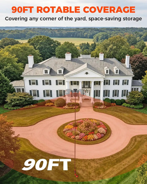 Beefed Up Heavy Duty Wall Mount Retractable Garden Hose Reel With Ninety Foot Reach diagram on large estate lawn, 90 ft coverage.