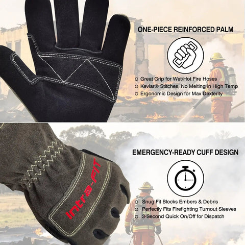 NFPA 1971 Certified Fire Fighter Glove With 2D Curved Fingers showcasing reinforced palm and emergency-ready cuff design.