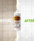Showroom Ready Hella Glossy Floor Polish And Restorer With High Gloss Wax Coating That Fills Scratches And Brings New Life To Dull Hardwood Laminate Vinyl Tile And Marble Surfaces Today, 32 oz bottle on tiled floor before and after restoration.