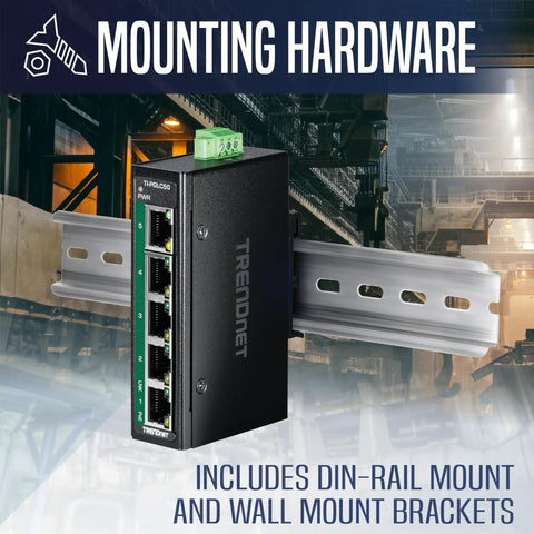 Industrial 5 Port Gigabit PoE Plus DIN Rail Mini Switch with 4 PoE Plus Ports and 1 Gigabit Port, mounted with hardware