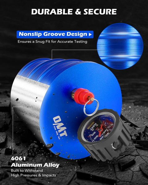 Orion Motor Tech CAC boost leak tester with blue aluminum disk (OMT logo), pressure gauge, and red valve (front view).