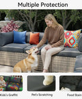 Woman sitting on patio furniture with dog, showing 14 Piece Waterproof Patio Cushion Covers For Outdoor Furniture With Zipper And Non Slip Bottom Covers Only For Full Sofa Makeover Fits 6 Seat 6 Back 2 Side Sectional Gray, protected from stains and scratches.